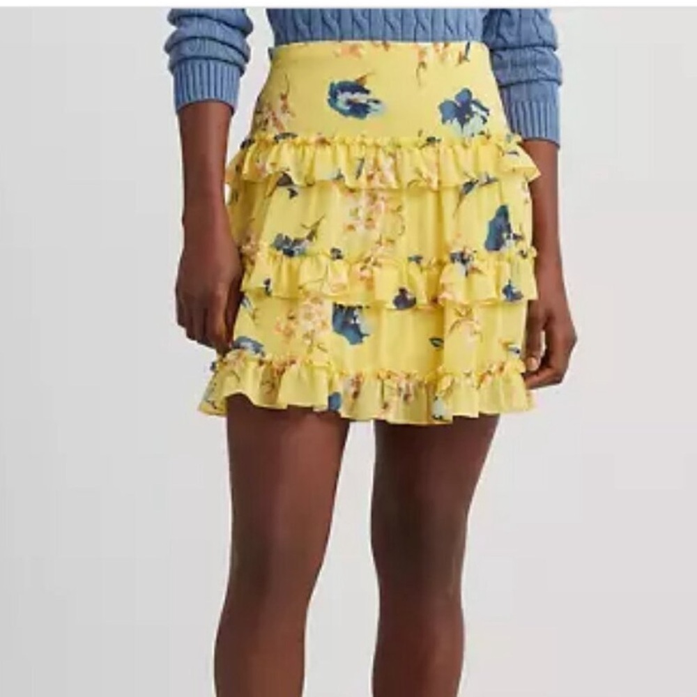 🆕 Lauren Ralph Lauren Women’s Ruffled Miniskirt Yellow Floral Size 12